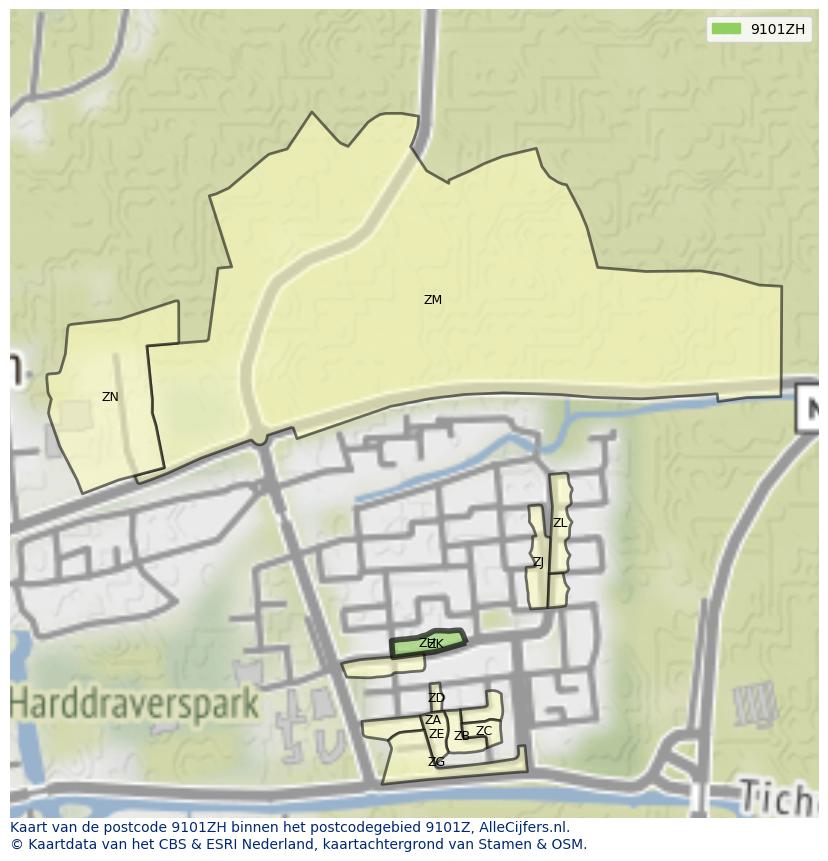 Afbeelding van het postcodegebied 9101 ZH op de kaart.