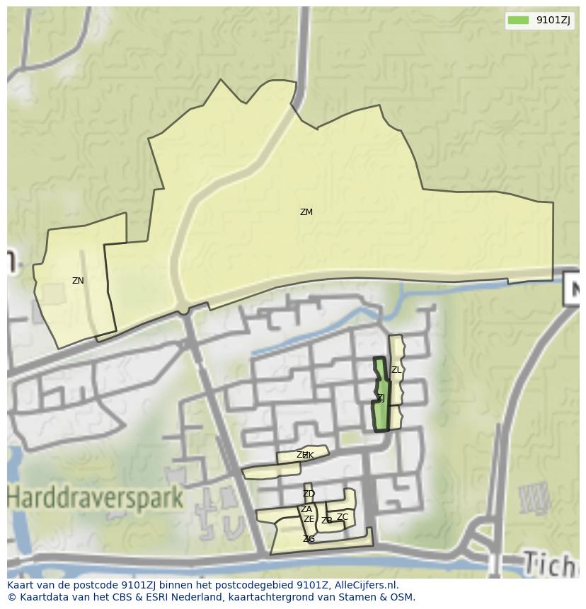 Afbeelding van het postcodegebied 9101 ZJ op de kaart.