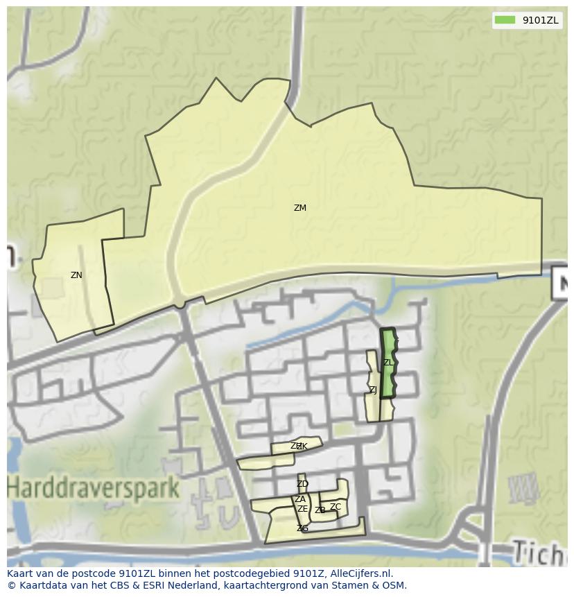 Afbeelding van het postcodegebied 9101 ZL op de kaart.