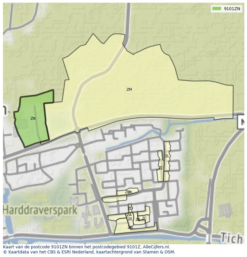 Afbeelding van het postcodegebied 9101 ZN op de kaart.