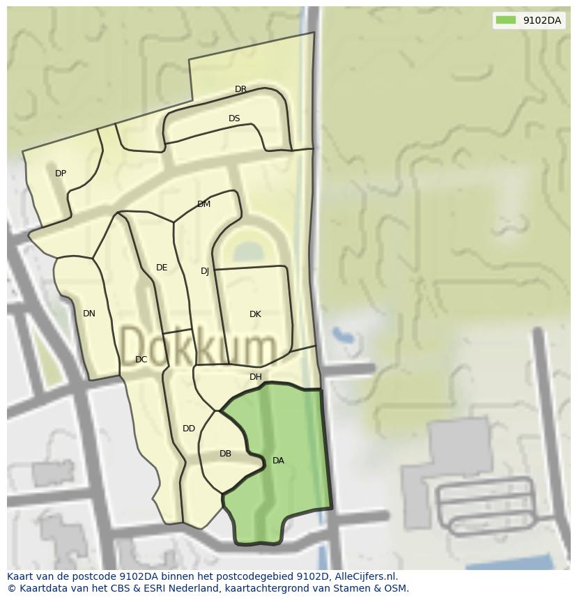 Afbeelding van het postcodegebied 9102 DA op de kaart.