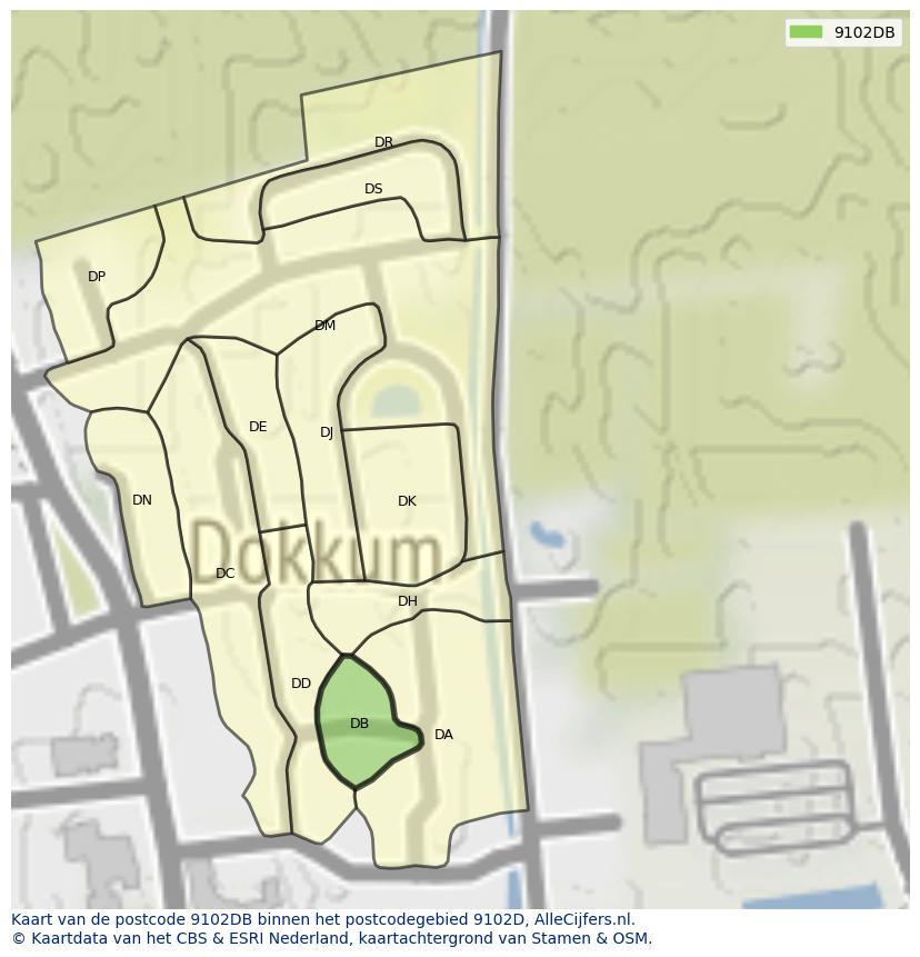 Afbeelding van het postcodegebied 9102 DB op de kaart.