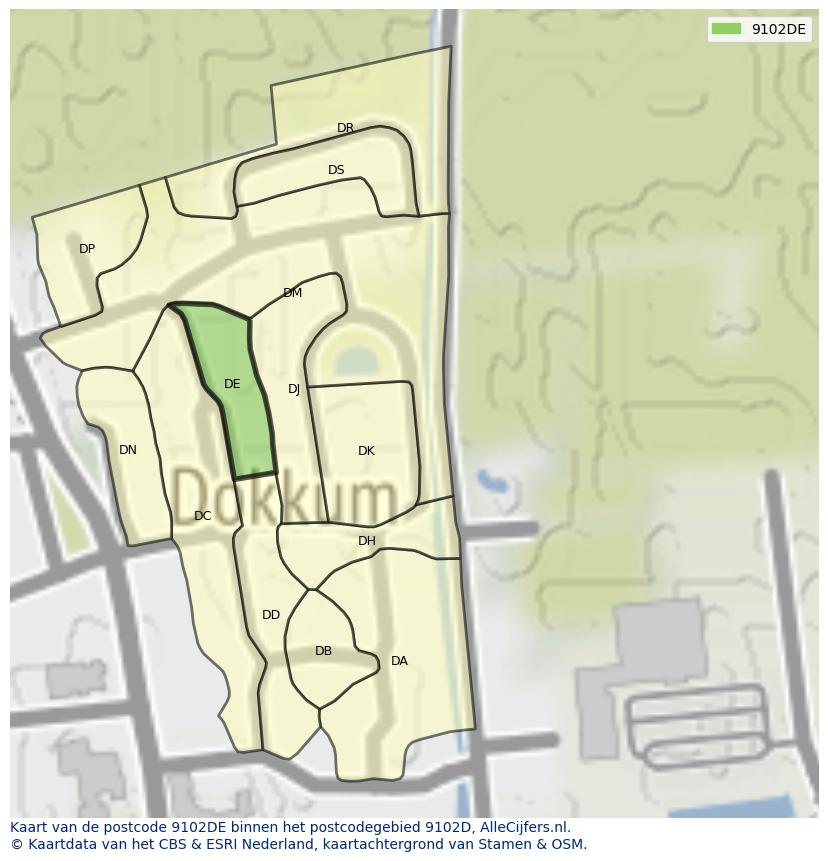 Afbeelding van het postcodegebied 9102 DE op de kaart.
