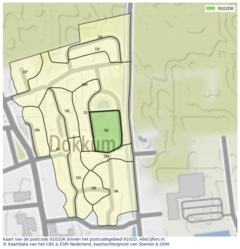 Afbeelding van het postcodegebied 9102 DK op de kaart.