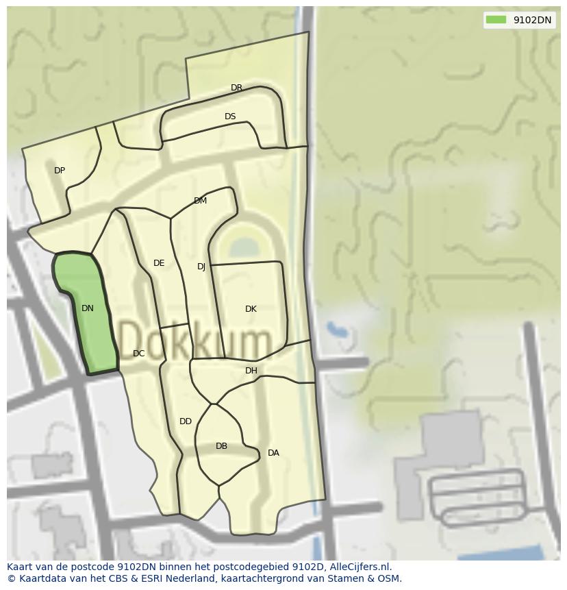 Afbeelding van het postcodegebied 9102 DN op de kaart.