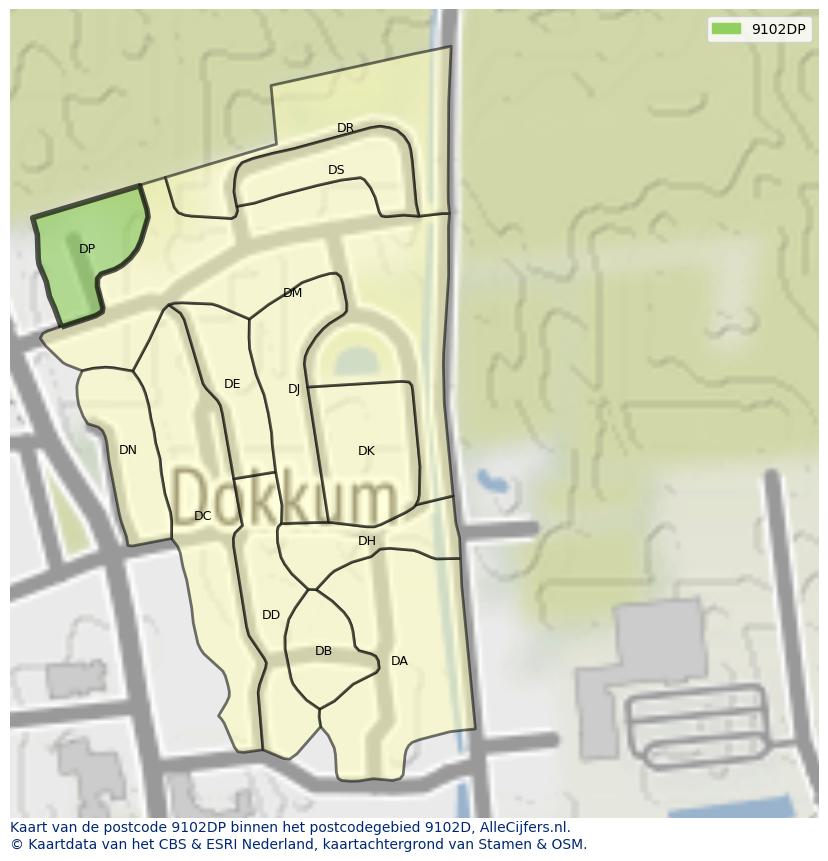 Afbeelding van het postcodegebied 9102 DP op de kaart.