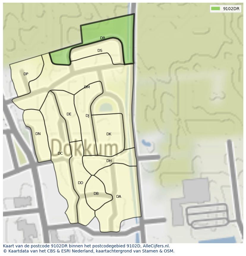 Afbeelding van het postcodegebied 9102 DR op de kaart.
