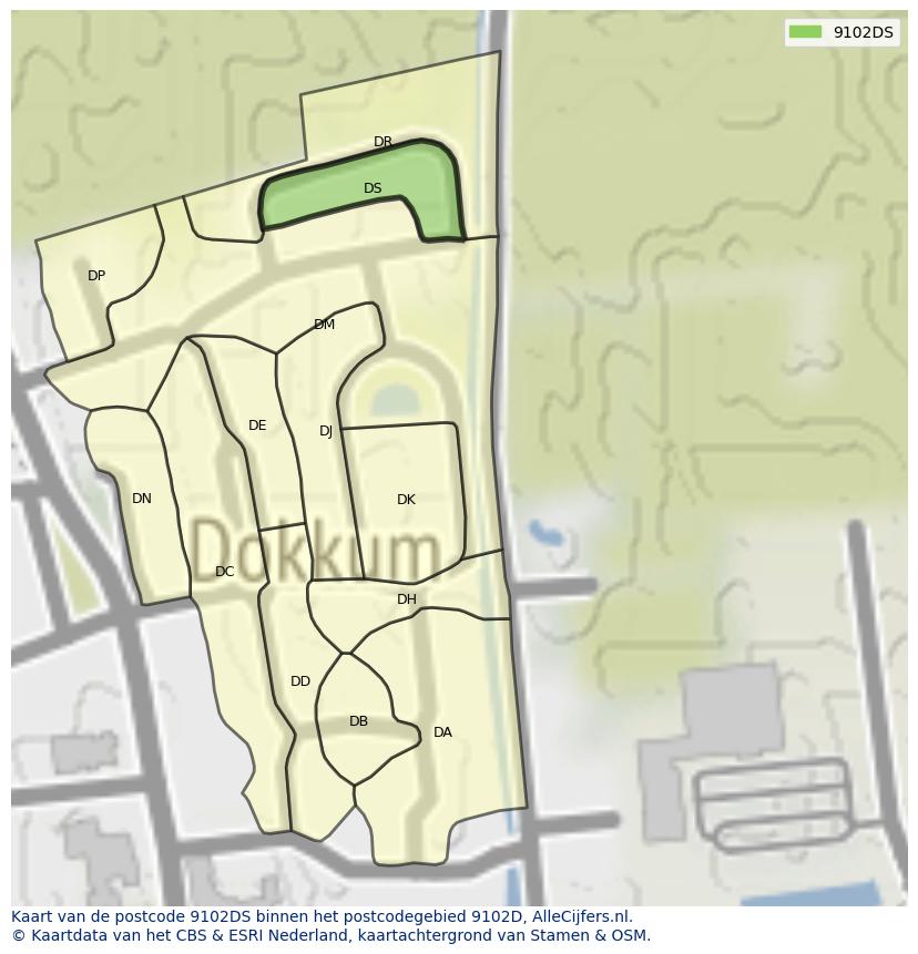 Afbeelding van het postcodegebied 9102 DS op de kaart.