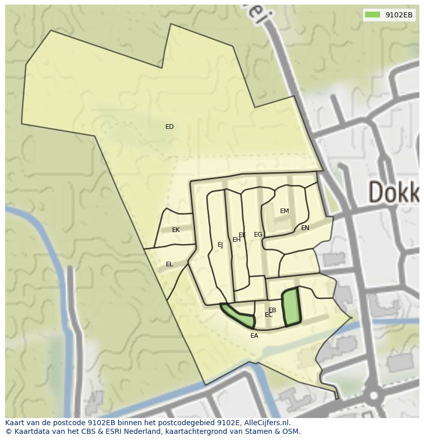 Afbeelding van het postcodegebied 9102 EB op de kaart.