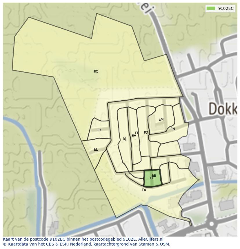 Afbeelding van het postcodegebied 9102 EC op de kaart.