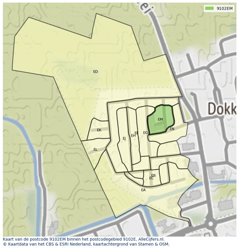 Afbeelding van het postcodegebied 9102 EM op de kaart.