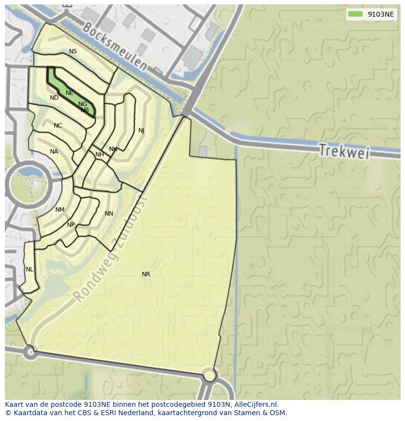 Afbeelding van het postcodegebied 9103 NE op de kaart.