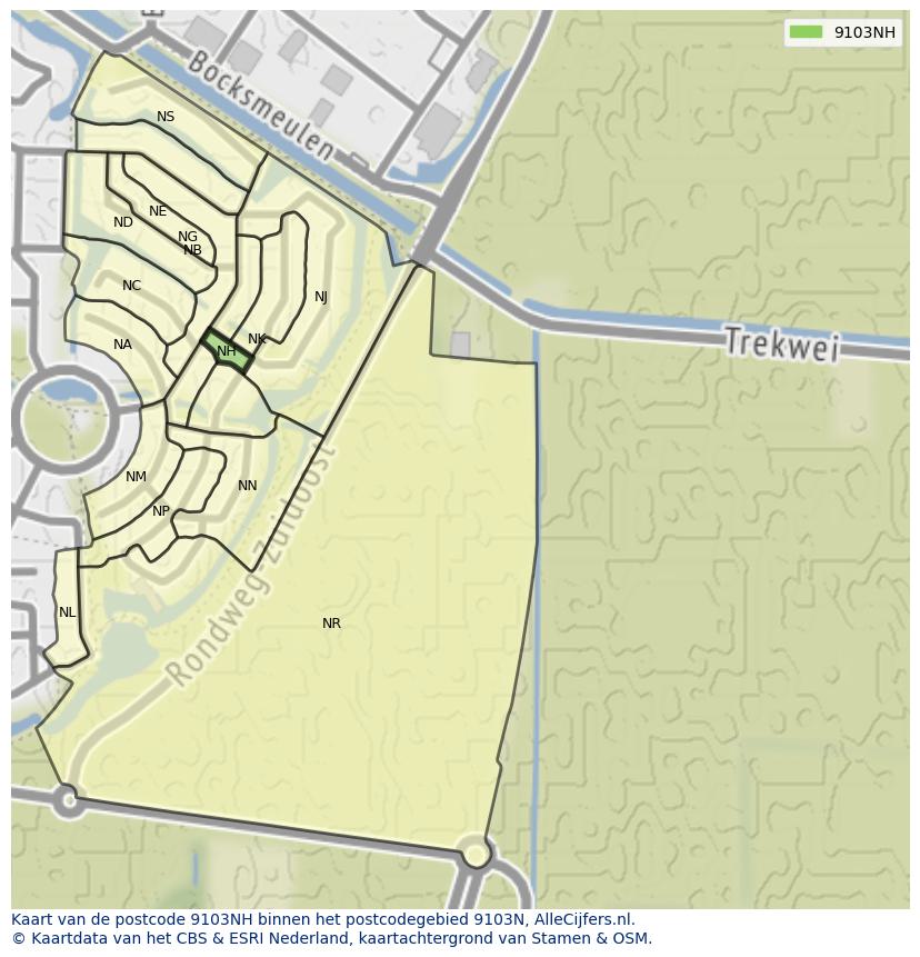 Afbeelding van het postcodegebied 9103 NH op de kaart.