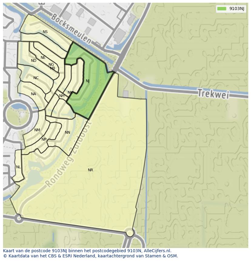 Afbeelding van het postcodegebied 9103 NJ op de kaart.