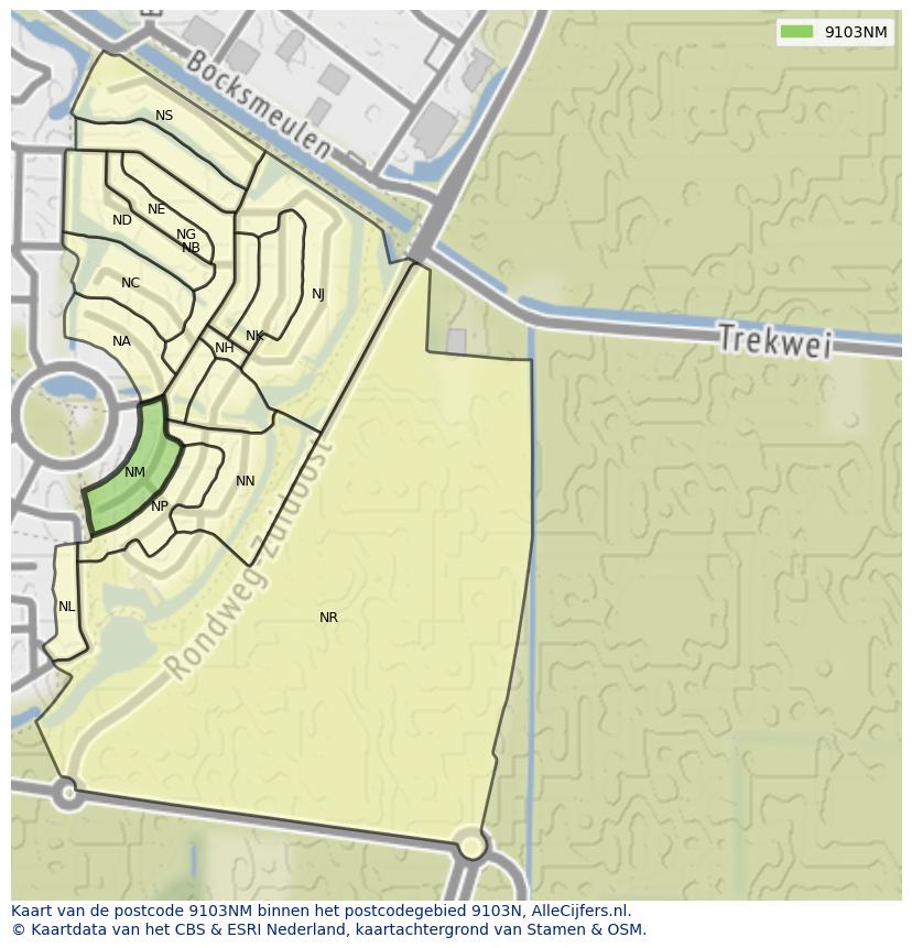 Afbeelding van het postcodegebied 9103 NM op de kaart.