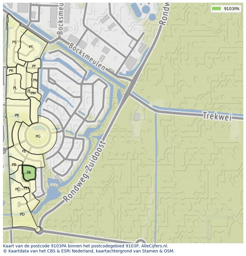 Afbeelding van het postcodegebied 9103 PA op de kaart.