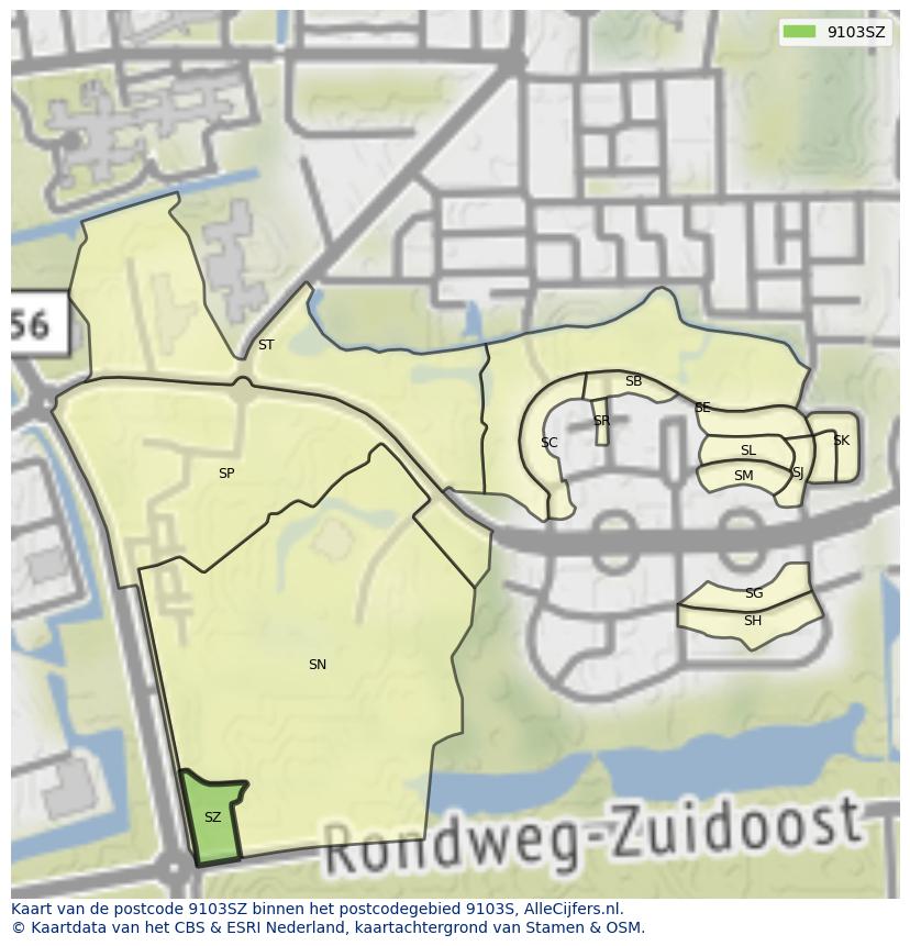 Afbeelding van het postcodegebied 9103 SZ op de kaart.