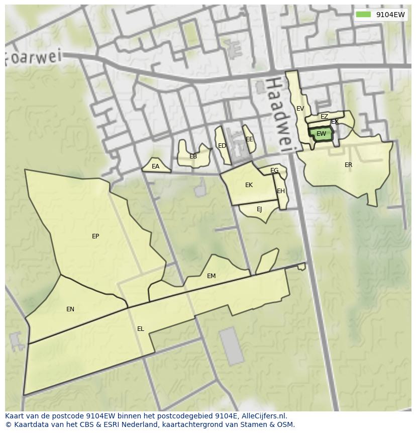 Afbeelding van het postcodegebied 9104 EW op de kaart.