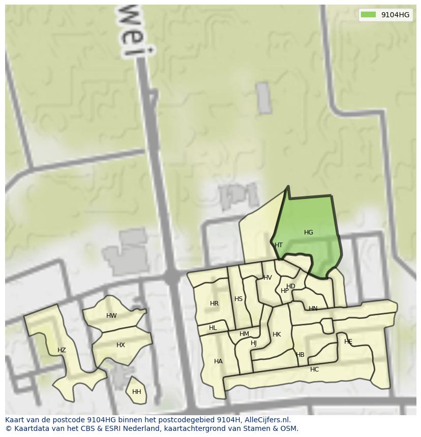 Afbeelding van het postcodegebied 9104 HG op de kaart.