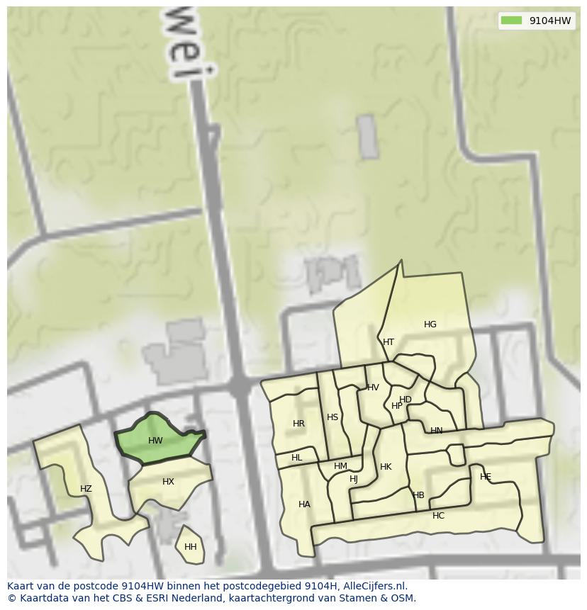 Afbeelding van het postcodegebied 9104 HW op de kaart.