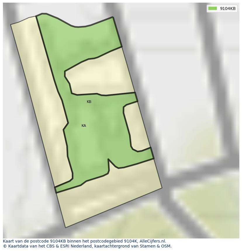 Afbeelding van het postcodegebied 9104 KB op de kaart.