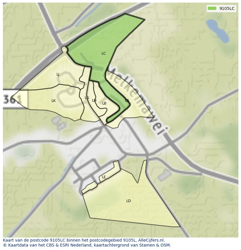 Afbeelding van het postcodegebied 9105 LC op de kaart.