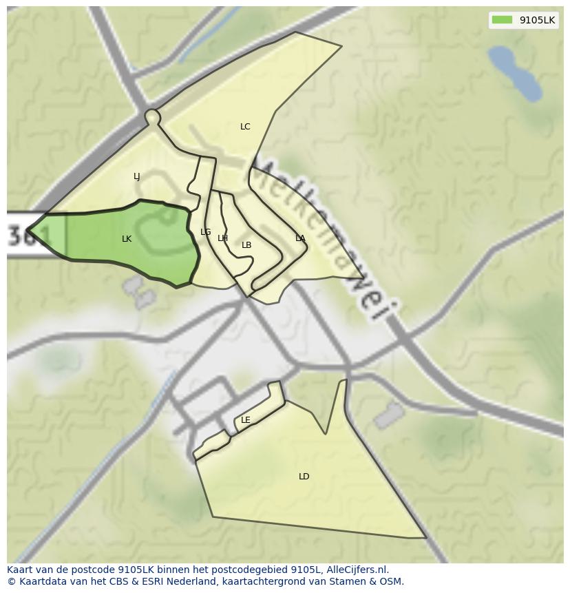 Afbeelding van het postcodegebied 9105 LK op de kaart.