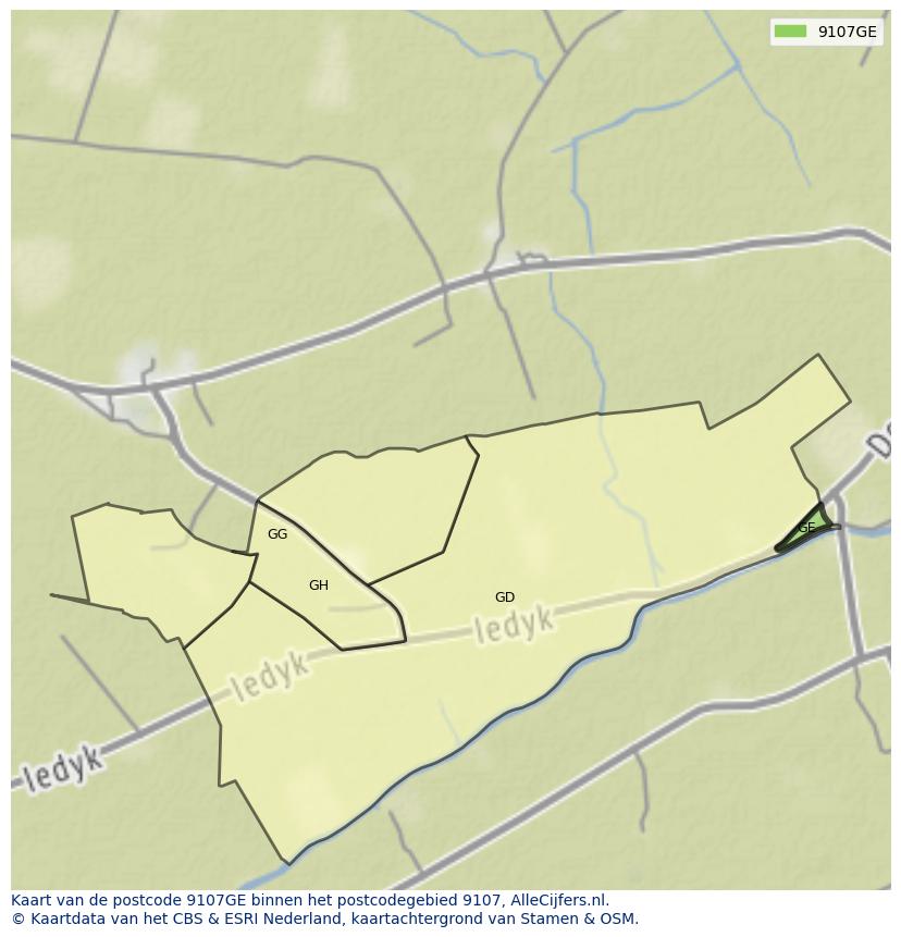 Afbeelding van het postcodegebied 9107 GE op de kaart.