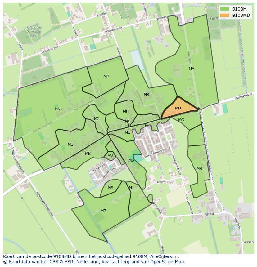 Afbeelding van het postcodegebied 9108 MD op de kaart.