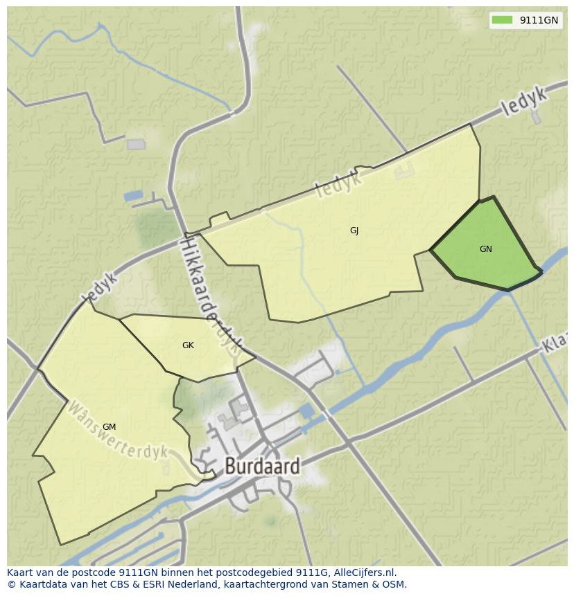 Afbeelding van het postcodegebied 9111 GN op de kaart.