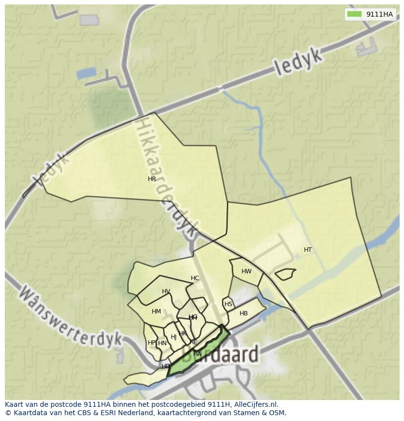 Afbeelding van het postcodegebied 9111 HA op de kaart.