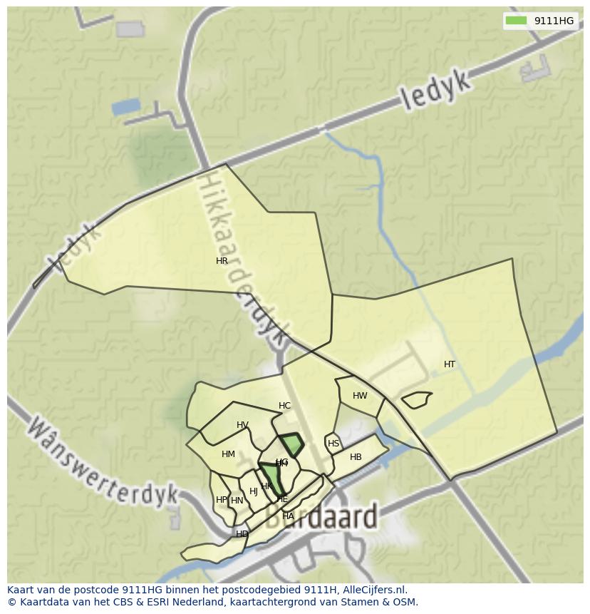 Afbeelding van het postcodegebied 9111 HG op de kaart.