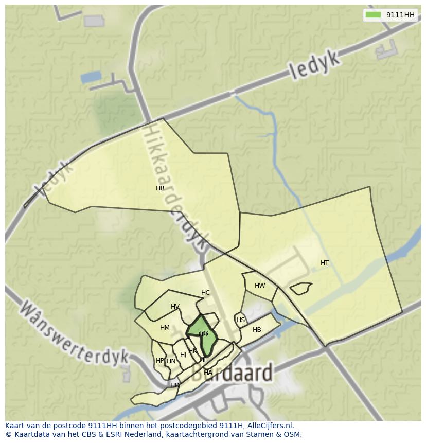 Afbeelding van het postcodegebied 9111 HH op de kaart.