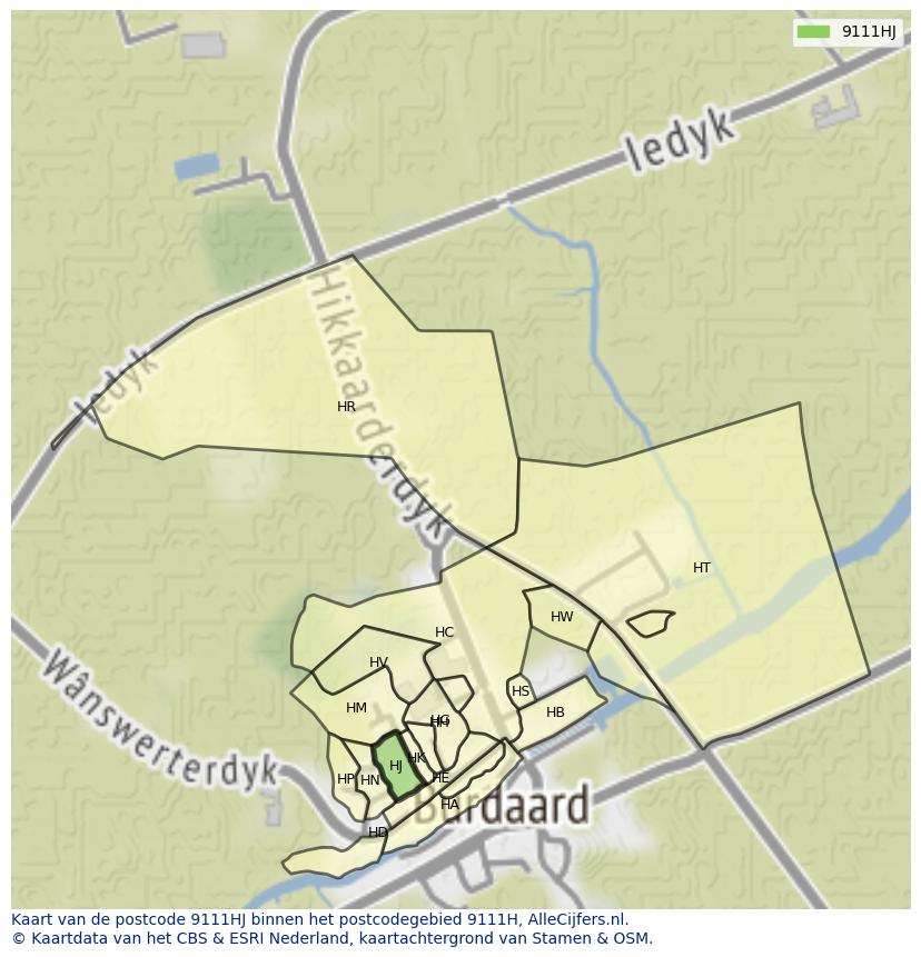 Afbeelding van het postcodegebied 9111 HJ op de kaart.