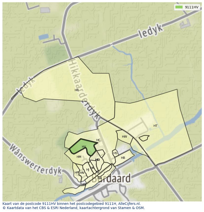 Afbeelding van het postcodegebied 9111 HV op de kaart.