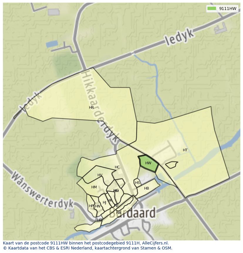 Afbeelding van het postcodegebied 9111 HW op de kaart.