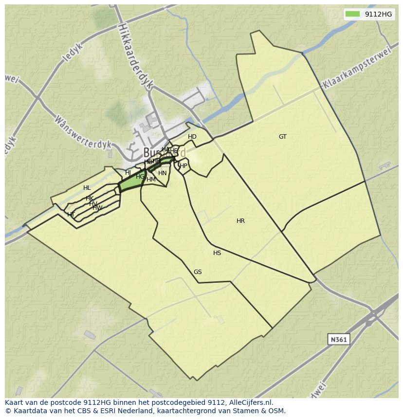 Afbeelding van het postcodegebied 9112 HG op de kaart.