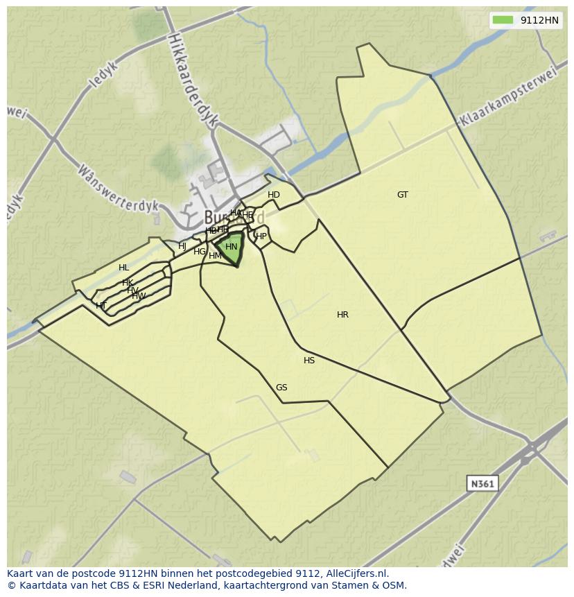 Afbeelding van het postcodegebied 9112 HN op de kaart.