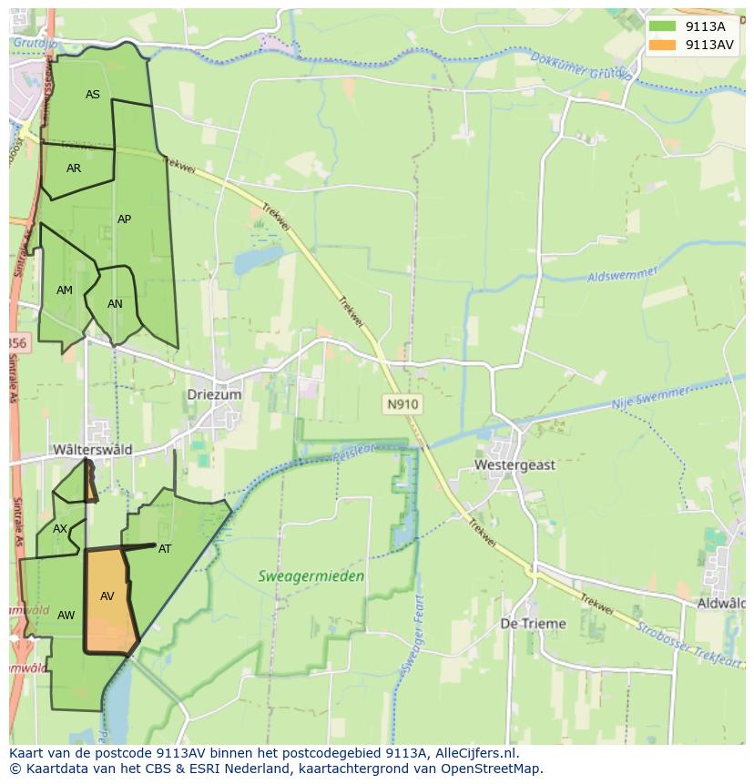 Afbeelding van het postcodegebied 9113 AV op de kaart.