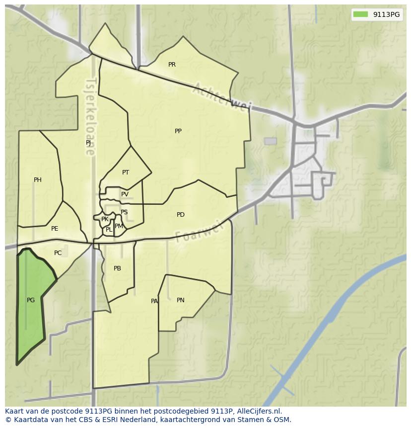 Afbeelding van het postcodegebied 9113 PG op de kaart.