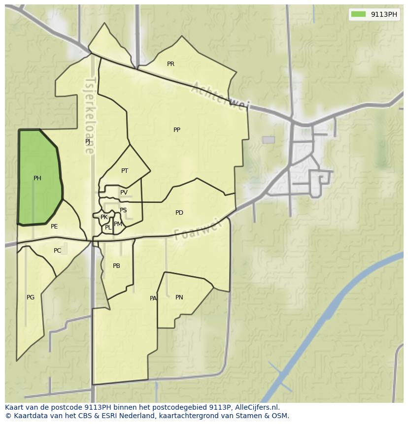 Afbeelding van het postcodegebied 9113 PH op de kaart.