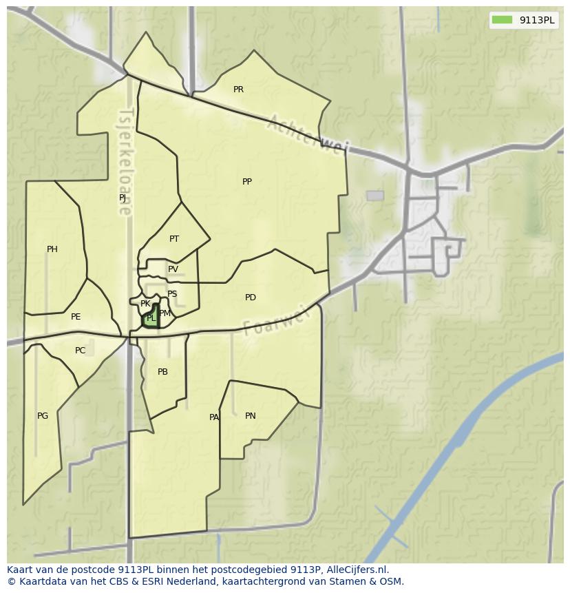 Afbeelding van het postcodegebied 9113 PL op de kaart.