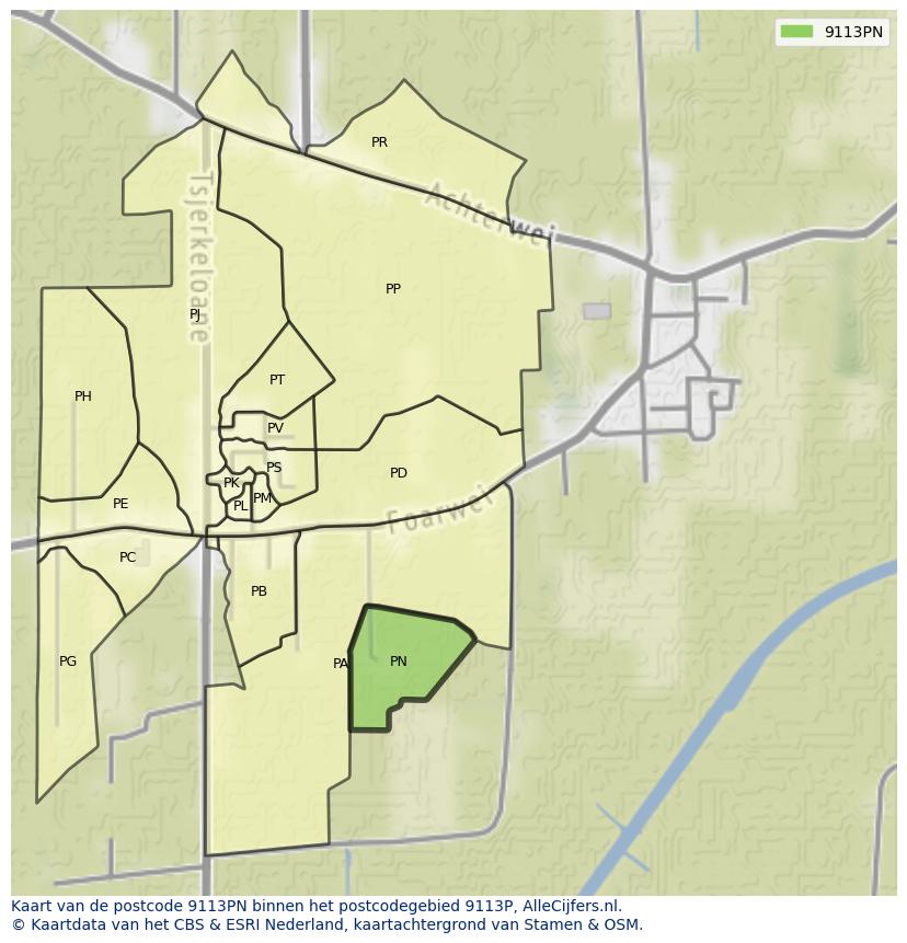Afbeelding van het postcodegebied 9113 PN op de kaart.