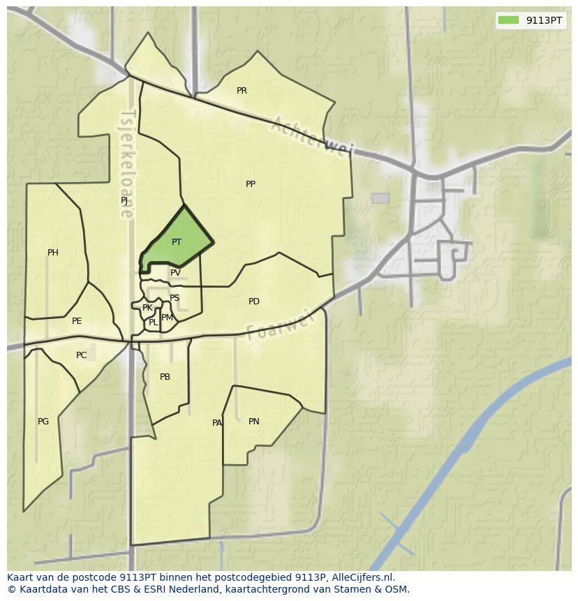 Afbeelding van het postcodegebied 9113 PT op de kaart.
