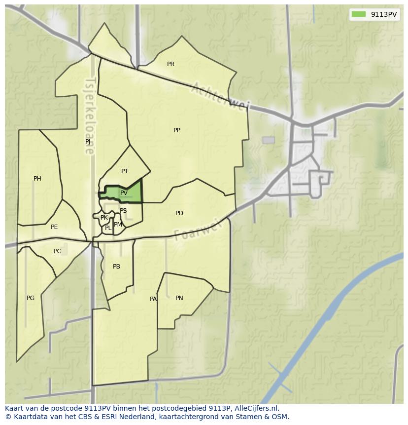 Afbeelding van het postcodegebied 9113 PV op de kaart.
