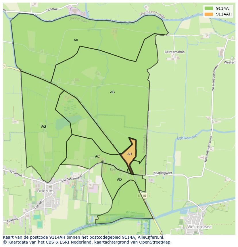 Afbeelding van het postcodegebied 9114 AH op de kaart.