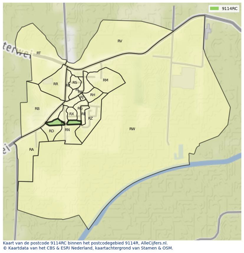 Afbeelding van het postcodegebied 9114 RC op de kaart.