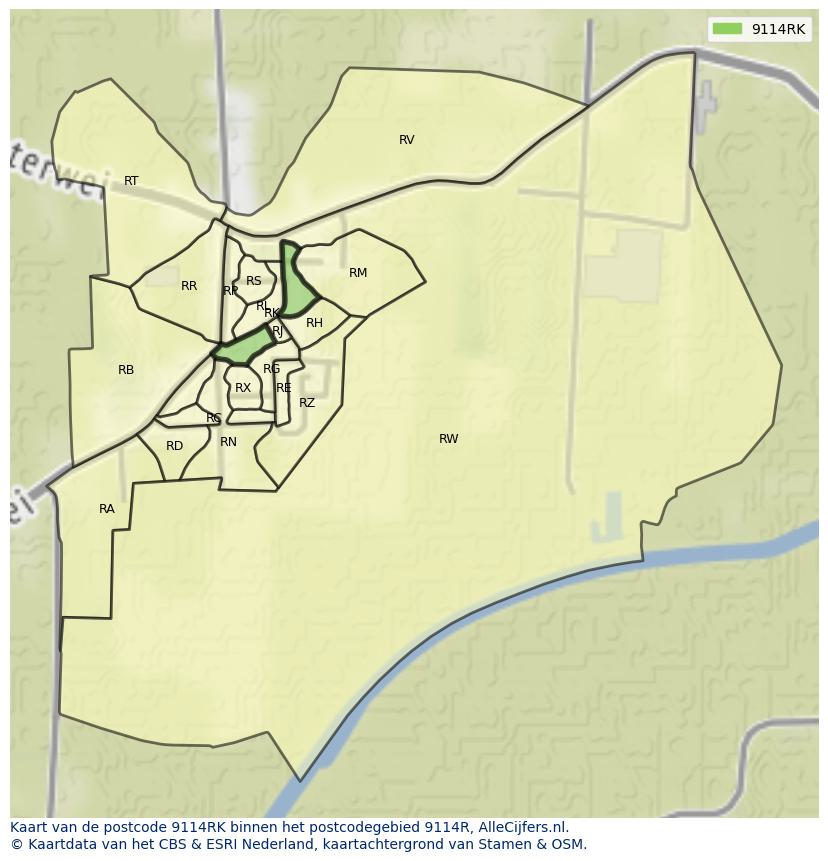 Afbeelding van het postcodegebied 9114 RK op de kaart.
