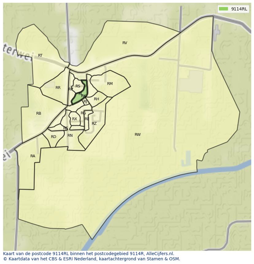 Afbeelding van het postcodegebied 9114 RL op de kaart.