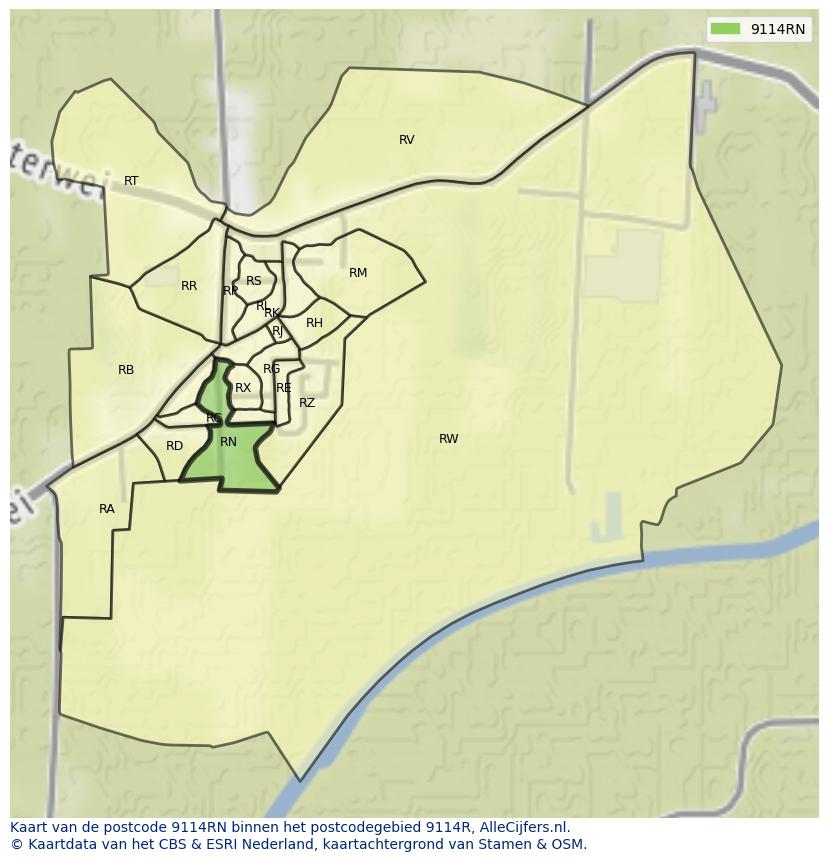 Afbeelding van het postcodegebied 9114 RN op de kaart.
